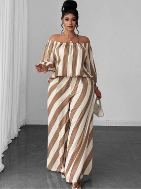 Off-Shoulder Wide-Leg Jumpsuit in Beige & Cream